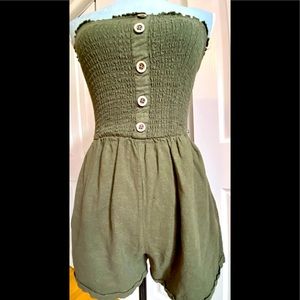 Army green linen short romper.